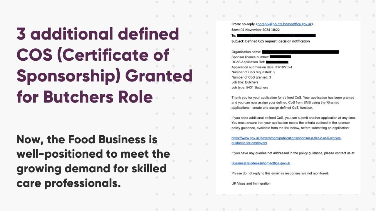 3 additional defined COS (Certificate of Sponsorship) Granted for Food Business