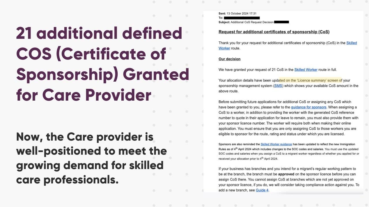 21 additional defined COS (Certificate of Sponsorship) Granted for Care Provider