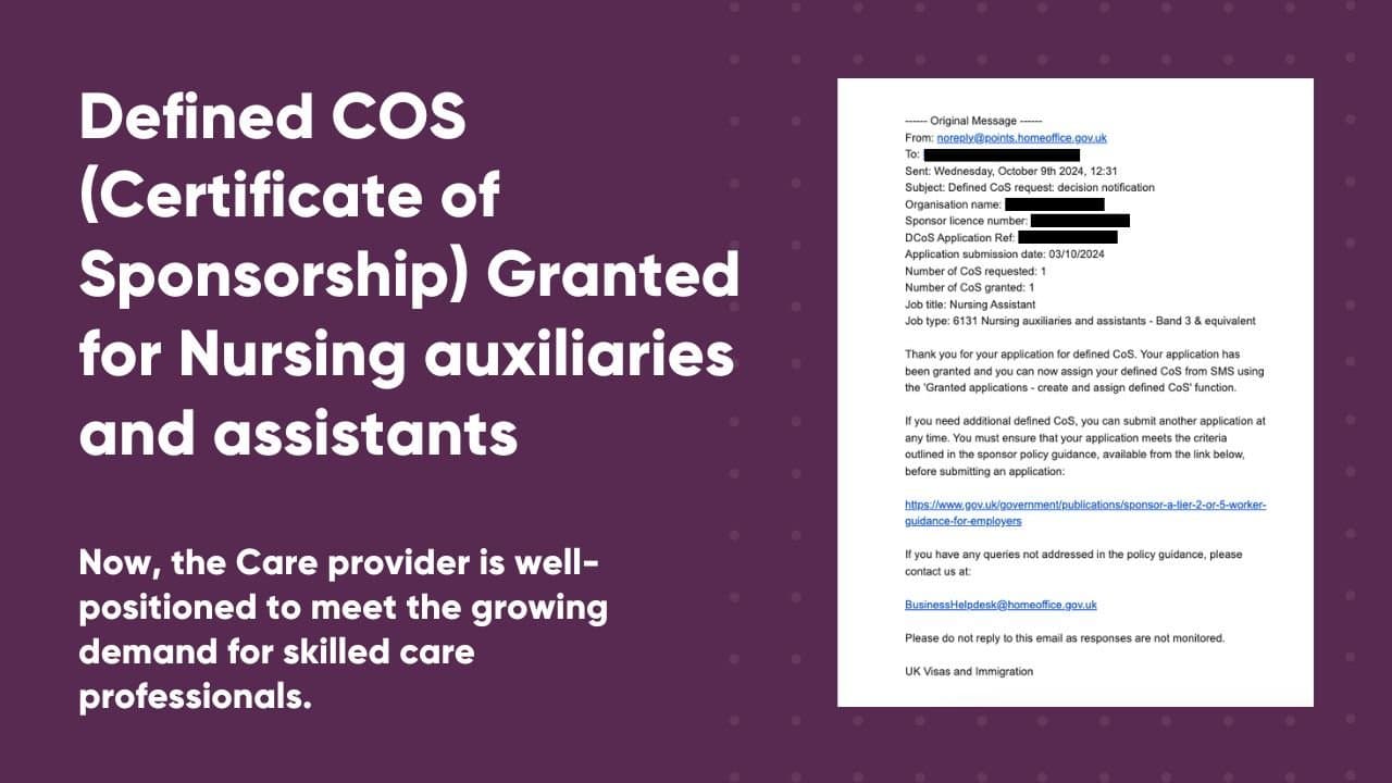 Additional Defined COS (Certificate of Sponsorship) Granted for Nursing auxiliaries and assistants Role