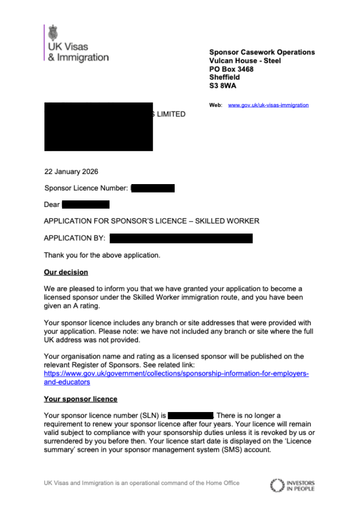 Sponsor licence granted